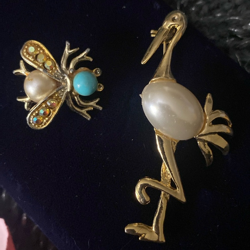 2 for one Vintage flamingo and Bumble Bee pins/brooches